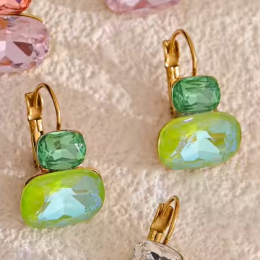 Green Crystal Drop Earrings – Stainless Steel, PVD Real Gold Plated - Picture 3 of 9